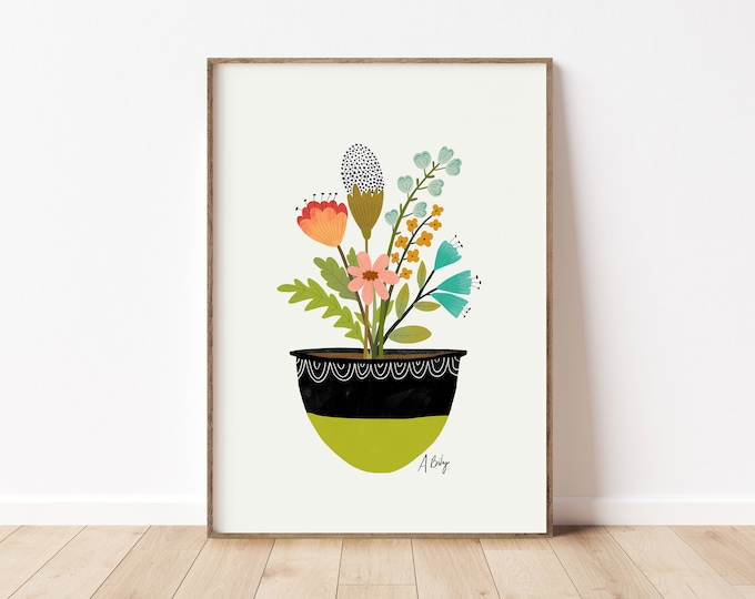 Potted Flowers Illustration Art Print: Scandinavian Floral Decor