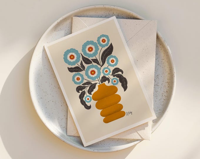 Whimsical Floral Greeting Card: Vintage Vase Folk Art Notecard