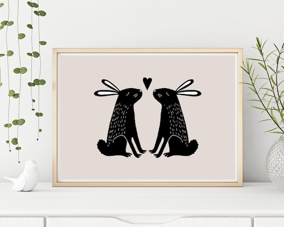 Whimsical Rabbits Wall Art - Bunnies - Love - Bunny wall art - Illustration - Cute - Scandinavian Decor - Hygge Decor - Rabbit Decor - boho