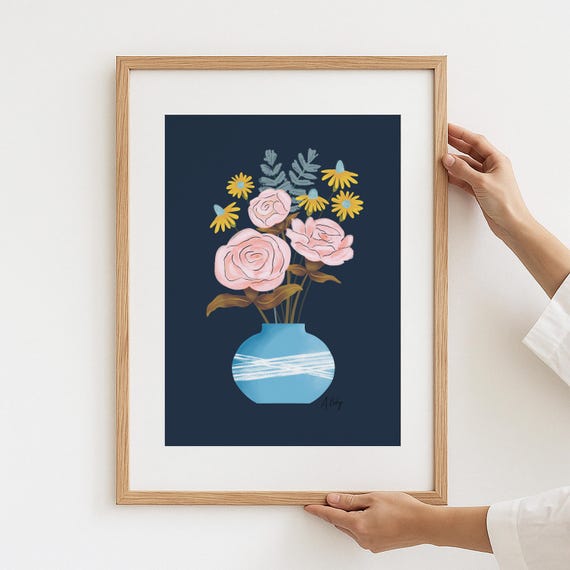 Whimsical Flowers Wall Art Print - Folk Art - Illustration - Scandinavian Decor - Boho - Hygge Decor - Hygge wall art - Floral - cute - blue