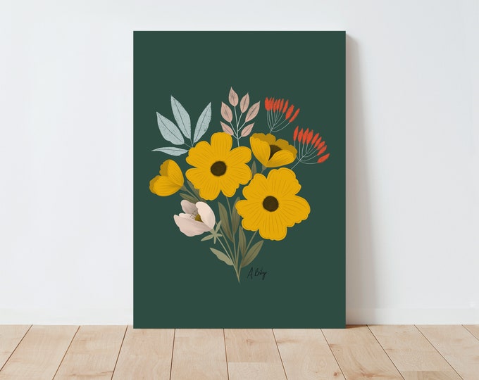 Scandinavian Floral Illustration Print: Retro Folk Art