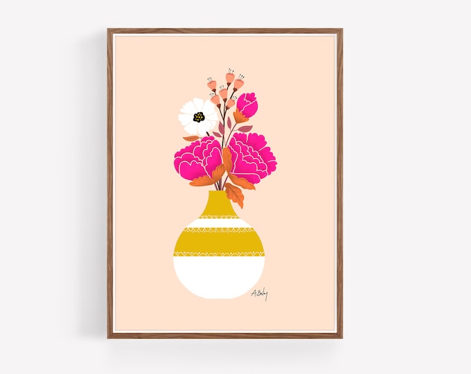 "Golden" - Whimsical Folk Art Flowers Illustration Print - Scandinavian Flowers