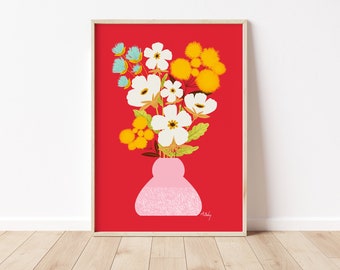 Folk Art Flowers Illustration Print - Scandinavian Art - Scandinavian Decor - Hygge Decor - Hygge art - Floral wall art - large wall art