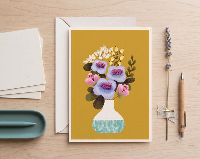 "Earth Day Bouquet" - Folk Art Wildflower Greeting Card | Scandinavian Floral Note Card | Ochre Yellow Botanical Card | Everyday Note Card