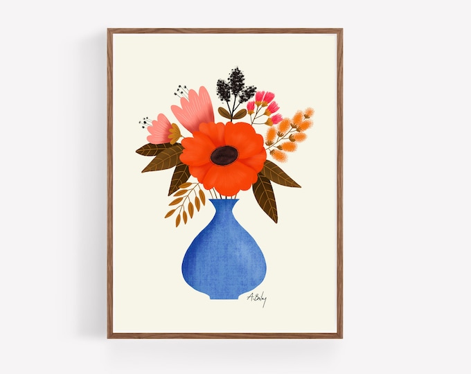 Scandinavian Floral Print: Vintage Bouquet in Blue Vase