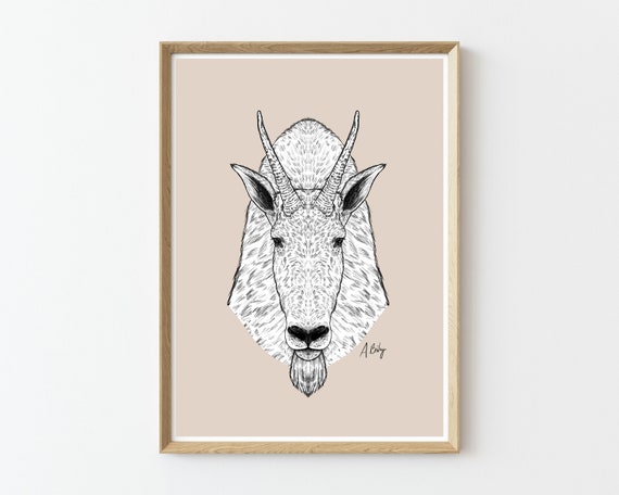 Modern Mountain Goat Wall Art | Mountain Goat Art Print | Large Wall Art | Pen and Ink Drawing | Animal Wall Art | Boho Wall Art