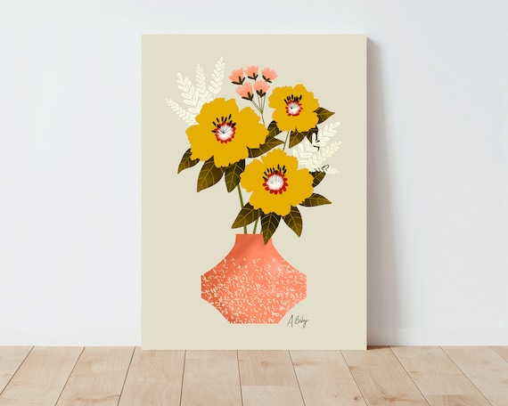 Modern Flowers Illustration Print - Folk Art - Scandinavian Decor - Abstract - Large wall art - Botanical wall art - Simple Artwork - Nature