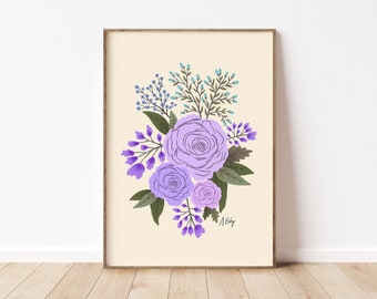 Purple Floral Bouquet Illustration - Folk Art - Boho Decor - Scandinavian Decor - Hygge Decor - Farmhouse Decor - floral wall art - flowers
