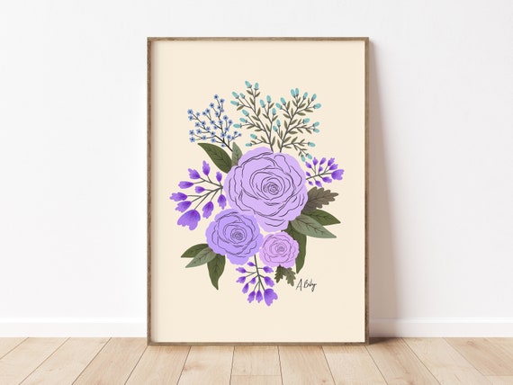 Purple Floral Bouquet Illustration - Folk Art - Boho Decor - Scandinavian Decor - Hygge Decor - Farmhouse Decor - floral wall art - flowers