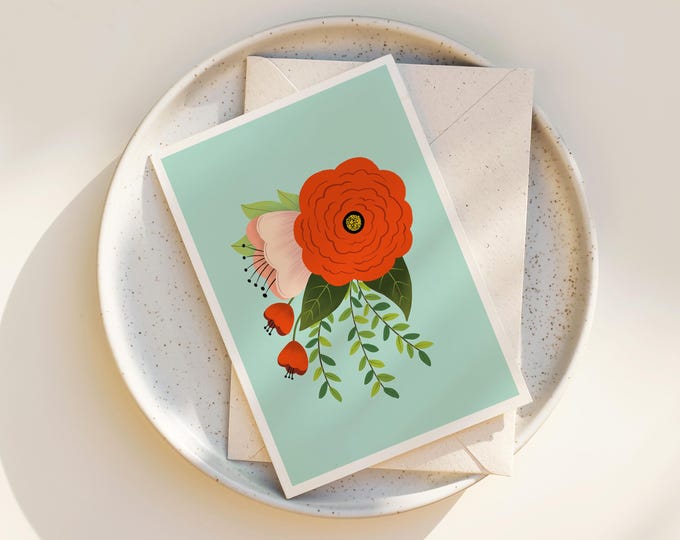 "Folk Art Flowers No. 2" - Whimsical Flowers Note Card with Envelope
