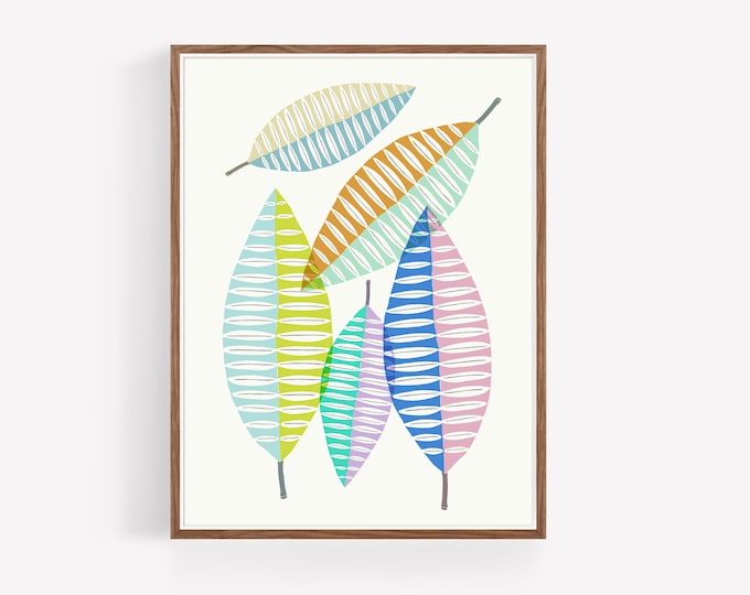 "Mid Century Leaves" - Whimsical Scandinavian Leaves Illustration Print - Folk Art