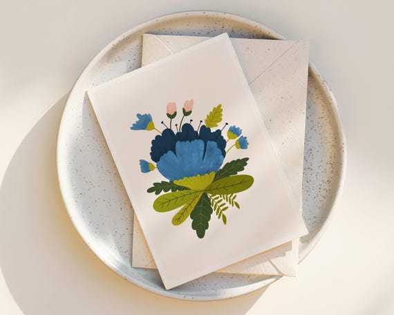 Blue Bouquet Greeting Card - Folk Art Illustration - Floral - Set of Notecards - blank inside - any occasion - cute - whimsical - nature