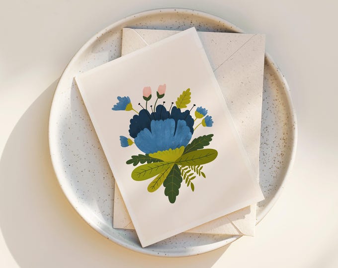 Blue Floral Greeting Card: Folk Art Notecard Set