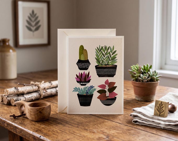 "Scandi Planters" - Scandinavian Potted Plants Greeting Card | Modern Folk Art Plant Lover Card | Blank Houseplant Note Card | Botanical