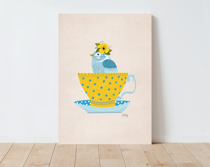 Scandinavian Bird Print: Floral Hat, Tea Cup Folk Art