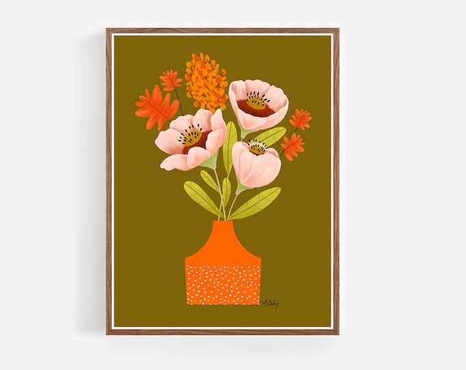 Retro Blooms Floral Print: Scandinavian Folk Art Wall Decor