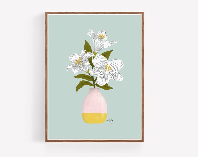 "Lilies" - Folk Art Lilies Print: Whimsical Flowers Wall Art - Scandinavian Botanical Illustration - Floral Hygge Dopamine Decor