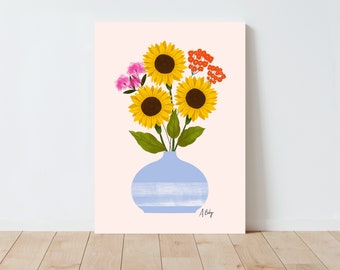 Folk Art Sunflowers Wall Art Print | Sunflowers Print | Scandinavian Decor | Farmhouse Decor | Large Wall Art | Illustration Print | floral