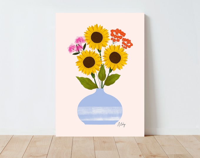 "Sunflowers" - Whimsical Folk Art Flowers Print - Scandinavian Floral Illustration Print - Hygge Decor