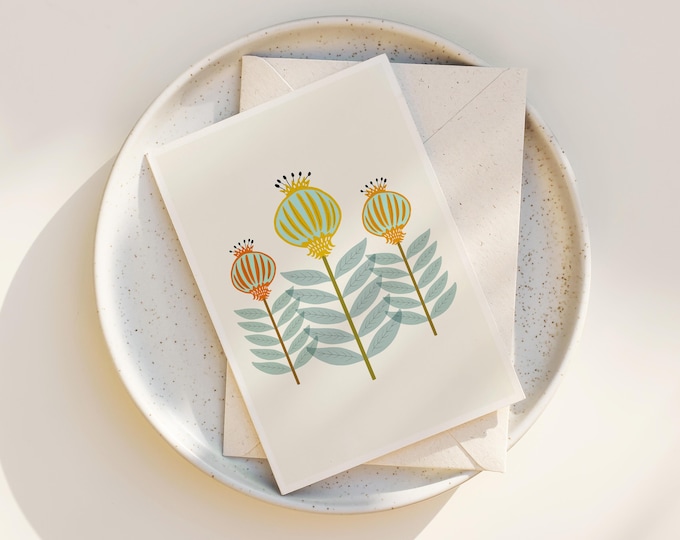 "Mid Mod Garden No. 6" - Folk Art Flowers Greeting Cards, any occasion
