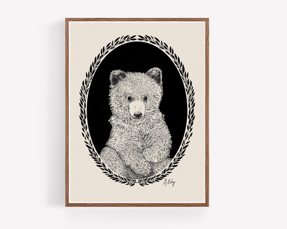 Grizzly Cub Print - large nature prints - nature inspired art - Hygge wall art - pen and ink - drawing - boho - scandinavian decor - bear
