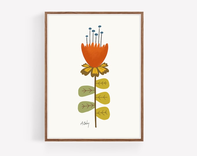 "Mid Mod Flower No. 1" - Mid Mod Flower Print: Scandinavian Folk Art Illustration