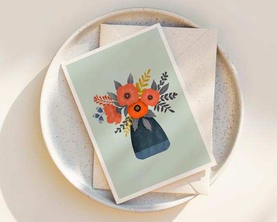 "Blue Hue" - Whimsical Flowers Note Cards with Envelope