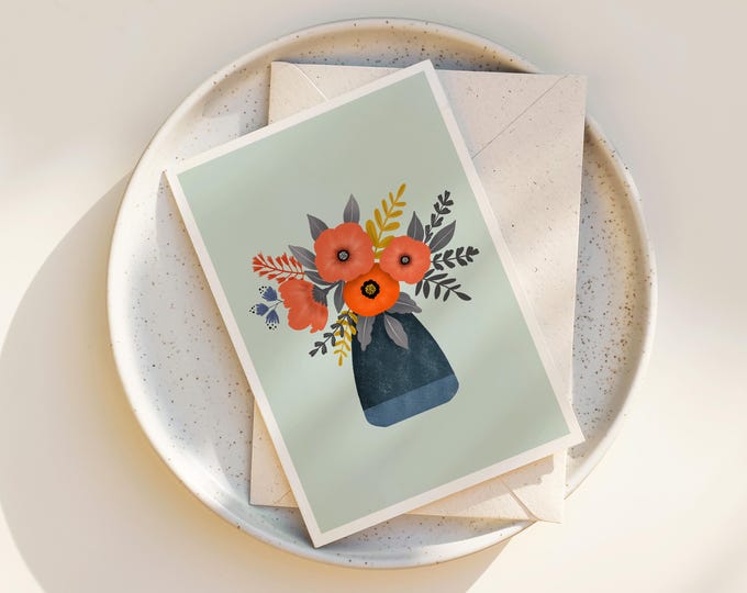 "Blue Hue" - Whimsical Flowers Note Cards with Envelope