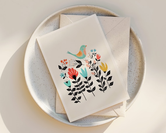 Cute Floral Greeting Card with Envelope - Scandinavian - Hygge - Floral - Notecards - Any Occasion - Blank inside - Whimsical - Nature