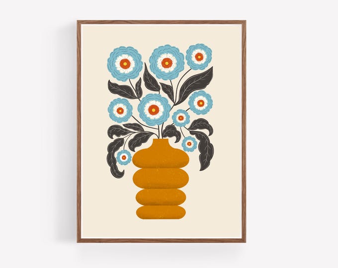 "Don't Let it Stress You" - Blue Floral Art Print in Mustard Yellow Vase, Scandinavian Folk Art Bouquet, Rustic Botanical Illustration