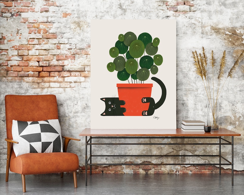 Funny Cat and Plant Wall Art Print Plants wall art Illustration Print Cat wall art Potted Plant Print Botanical wall art cute image 7