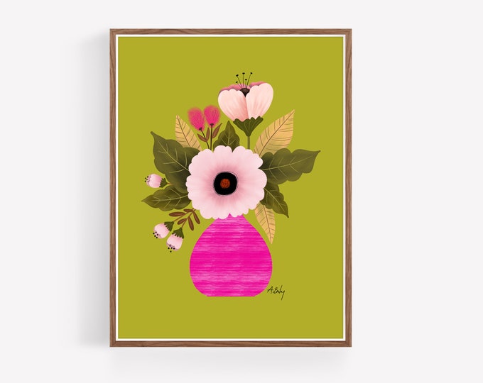 "Hot Pink" - Whimsical Folk Art Flowers Print - Scandinavian Flowers Illustration Print - Hygge Decor