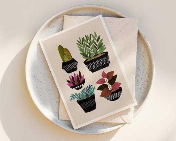 Potted Plants Greeting Card - Cactus and Succulents - Illustration - notecards - any occasion - blank inside - with envelope - cute cactus