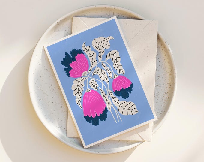 Magenta Garden Greeting Card: Folk Art Floral Notecard Set