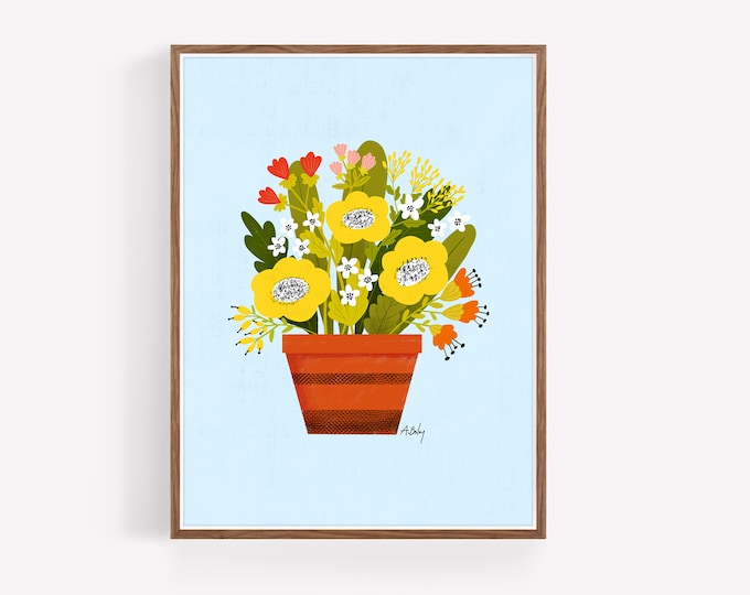 "Summer Days" - Folk Art Flowes Print: Whimsical Floral Wall Art - Scandinavian Botanical Illustration - Hygge Dopamine Decor