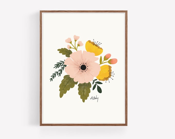 Floral Folk Art Print: Retro Pink Flower Illustration