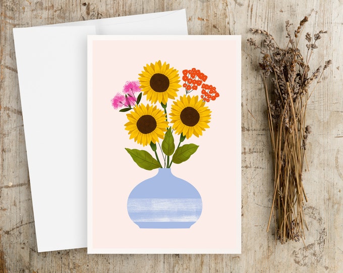 Folk Art Sunflower Greeting Card: Retro Floral Note Card