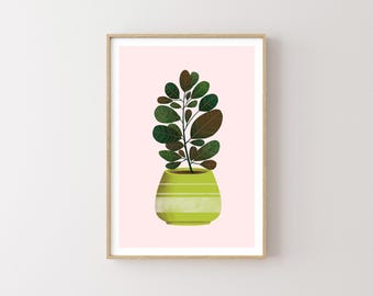 May include: A green and white striped ceramic pot with a leafy green plant inside. The plant has dark green leaves and is set against a light pink background.