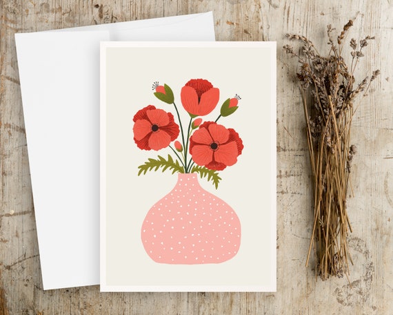 Whimsical Poppies Floral Greeting Cards - Notecards - with envelopes - Folk art flowers - scandinavian art - illustration - botanical art