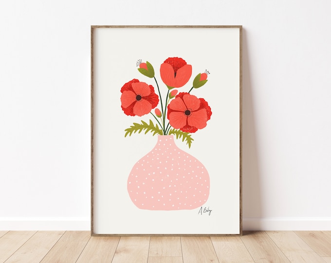 Poppies Bouquet Illustration Print: Scandinavian Floral Wall Art