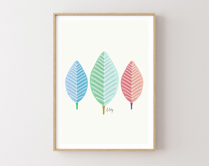 "Leaves Trio No. 3" - Hand-Drawn Botanical Leaf Art Print, Minimalist Folk Art Illustration, Scandinavian Decor, Pastel Modern Leaves