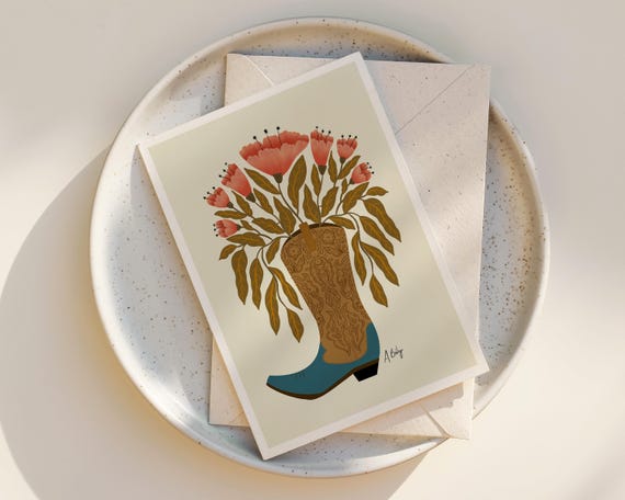 Cowboy Boot Folk Art Floral Bouquet Greeting Cards - Cards with Envelopes - Set of Notecards - Cute - Any Occasion - Floral - Blank Inside