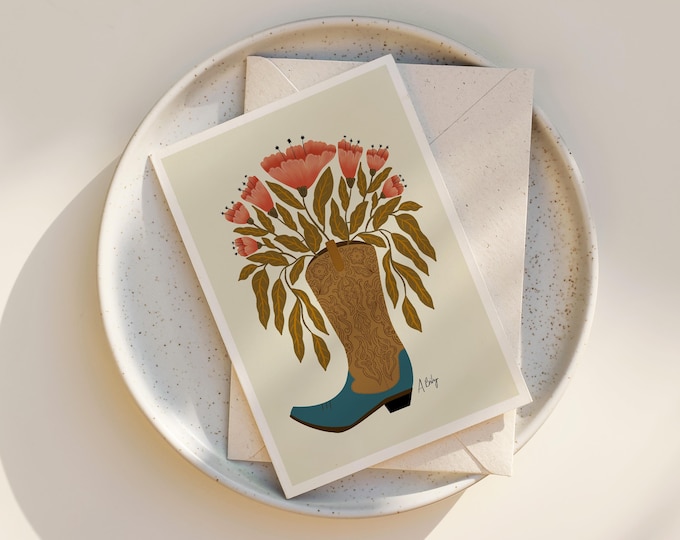 Cowboy Boot Floral Bouquet Notecards: Folk Art Greeting Card Set