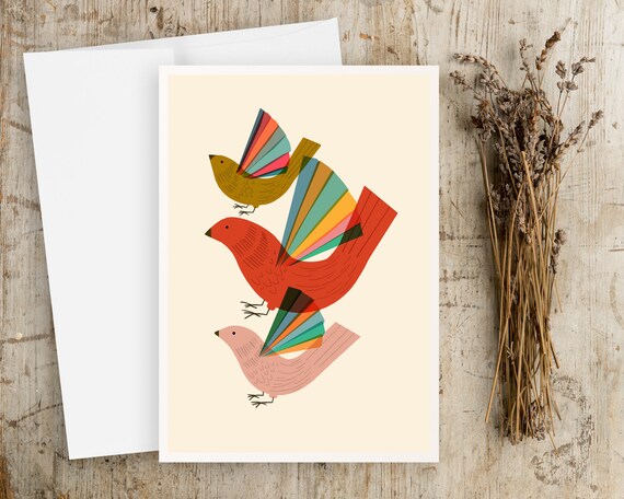 Scandinavian Folk Art Greeting Cards | Folk Art Birds | Note Cards Set | Card and Envelope | Norwegian Folk Art | Simple Artwork