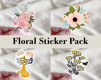 May include: A floral sticker pack featuring four unique designs. The stickers showcase various flower arrangements in shades of pink, peach, green, and yellow. The text "Floral Sticker Pack" is displayed in a bold, serif font.