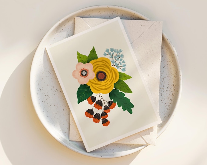 "Folk Art Flowers No. 3" - Whimsical Flowers Note Card