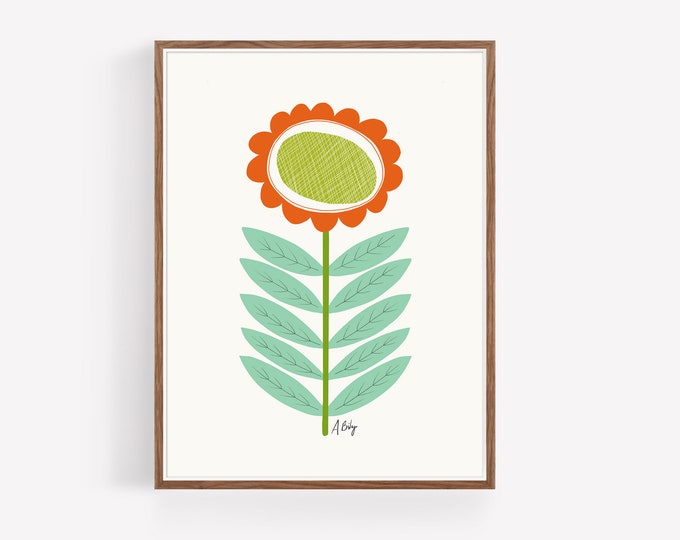 "Mid Mod Flower No. 3" - Scandinavian Folk Art Flowers Illustration Print - Floral Illustration - Hygge Decor