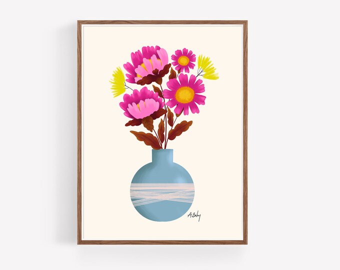 Magenta Flowers Art Print: Whimsical Folk Art Illustration