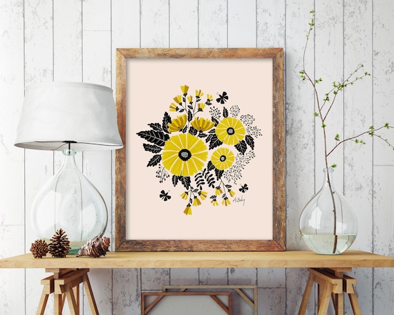 "Sunshine Blooms" - Folk Art Flower Print: Whimsical Flowers Wall Art - Scandinavian Botanical Illustration - Floral Hygge Dopamine Decor