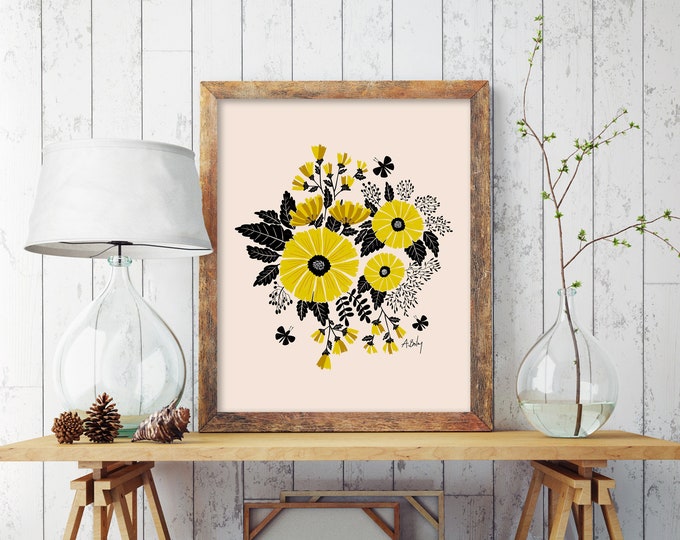 "Sunshine Blooms" - Folk Art Flower Print: Whimsical Flowers Wall Art - Scandinavian Botanical Illustration - Floral Hygge Dopamine Decor